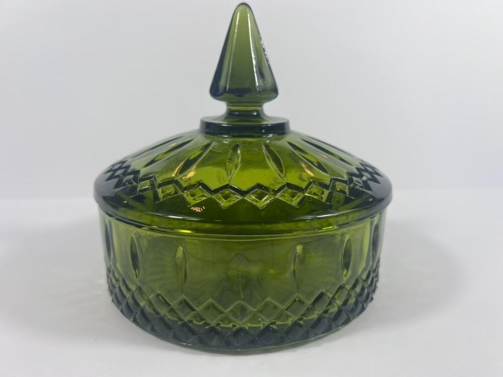 Vintage Olive Green Glass Candy Dish with Lid Mid Century Modern Spire Finial 6